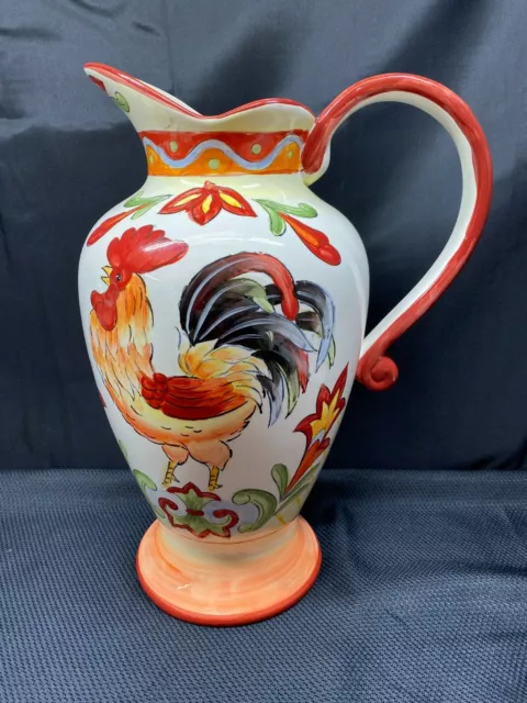 Orange Talavera "ROOSTER"  Large Hand Painted Pitcher / Vase ~ 16 1/2" Tall