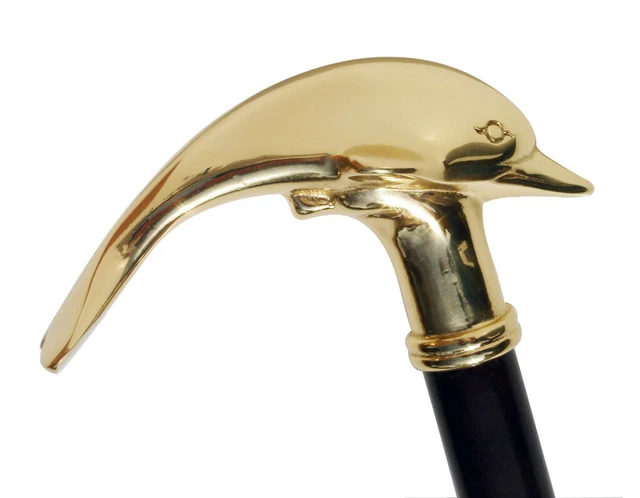 New Heavy Brass Dolphin Handle Sturdy Cane Wood Shaft Walking Stick Wooden Canes