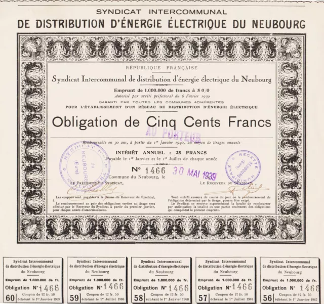 Distribution Energie Electrique Du Neubourg - Obligation 500 Francs 1939- France