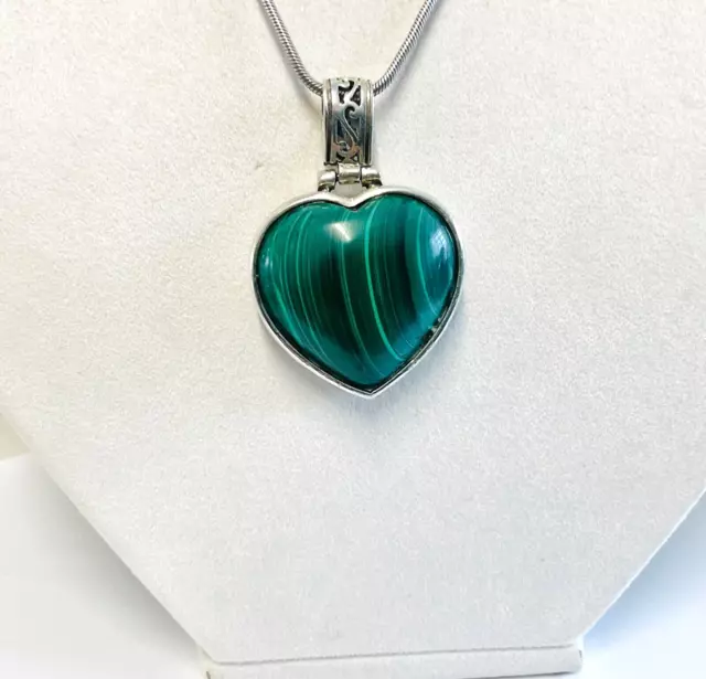 STUNNING LARGE STERLING SILVER 925 MALACHITE HEART PENDANT NECKLACE 28.83g