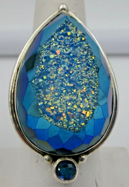 Sajen Sterling Ring Blue Druzy Quartz Mystic Fire Topaz Open Work Band Size 7.25