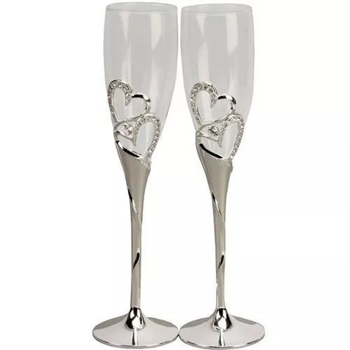 Wedding Toasting Champagne Glasses Flutes Crystal Silver Diamante Hearts