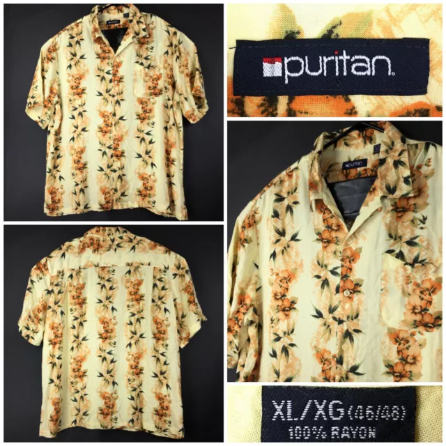 Puritan Mens XL (52 in Chest) Yellow Floral Striped Lightweight Rayon Button Up