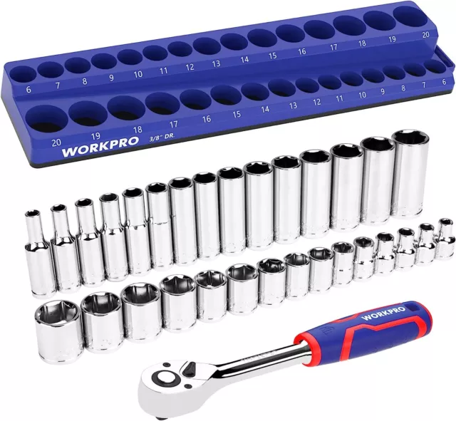 WORKPRO 3/8'' Drive Mechanics ToolS w/30PCS Metric Sockets, Magnetic Organizer