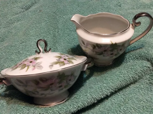 VINTAGE BELLAIRE CHINA lidded sugar bowl & creamer "TRELLIS" JAPAN ,silver trim