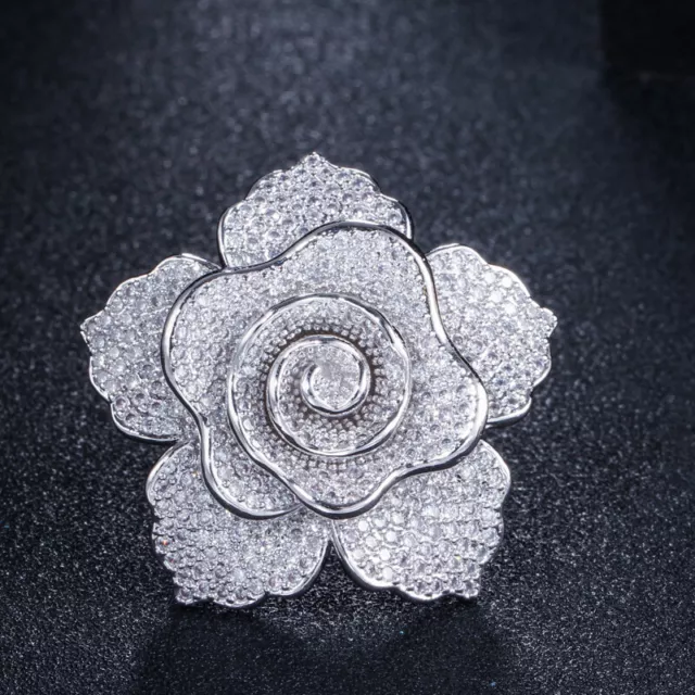 Statement White Gold Pave CZ Big Engagement Rose Flower Finger Ring for Bridal