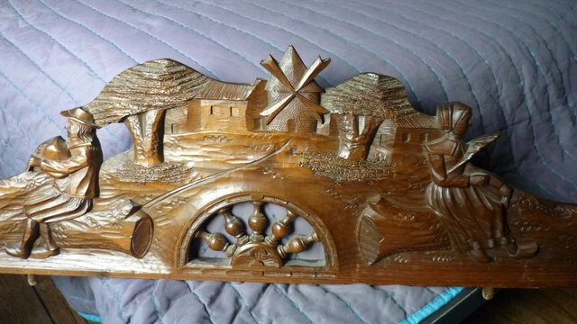 Antique large French breton pediment fronton elm or oak wood carved