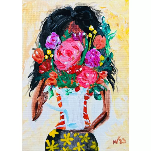 Floral Girl Painting Expressionism 5X7 Woman Vase Modern Canvas Art Decor Lady