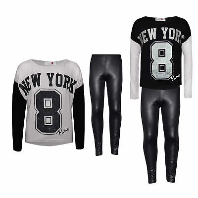 Kids Girls NEW YORK 8 Printed Trendy Top & Stylish Wet Look Legging Set Age 7-13