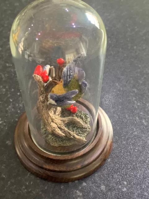 Country Artists Blue Tit under a Glass Dome, Resin Bird in Dome. 1980’s 3