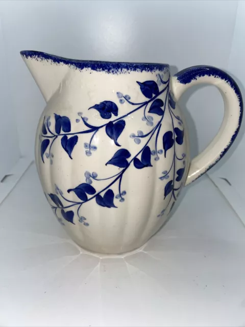 Cash Family Pottery Pitcher Blue White Floral 6" Ceramic Vintage