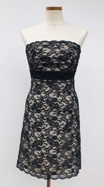 White House Black Market SZ 2 Dress Black Lace w/ Nude Lining Strapless WHBM