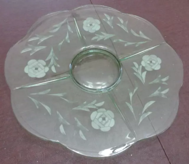 Vintage Green Depression Glass Scalloped Edge Etched Floral Plate  12.5"