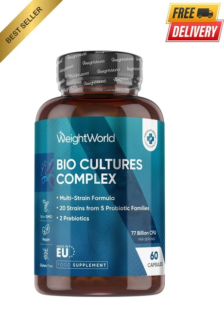 Bio Cultures Complex Probiotics + Prebiotics - 77 Billion CFU, 20 Strains - 60 Capsules For Women & Men - Digestive & Gut Health Supplement