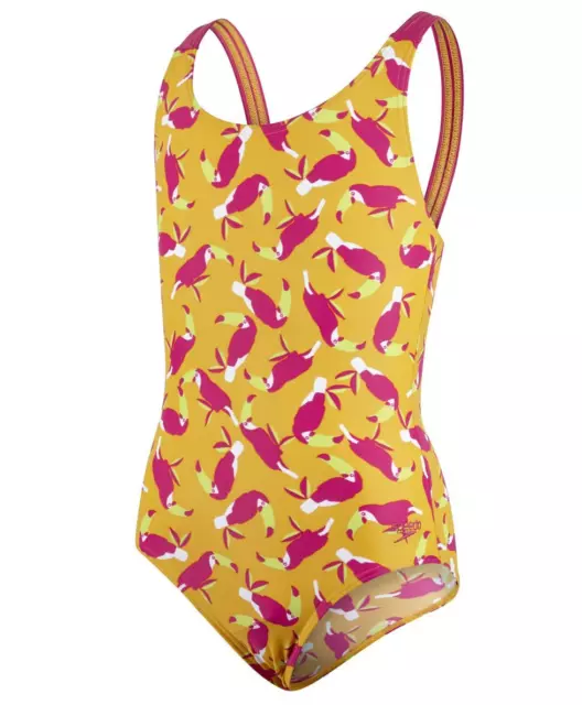 Speedo Samba Feathers Crossback Girls Swimsuit Orange Pink Swimming Costume
