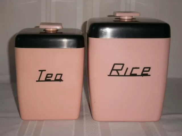 Mid-Century Vintage Nally Ware Black & Pink Plastic Kitchen Canisters 1950-60's.