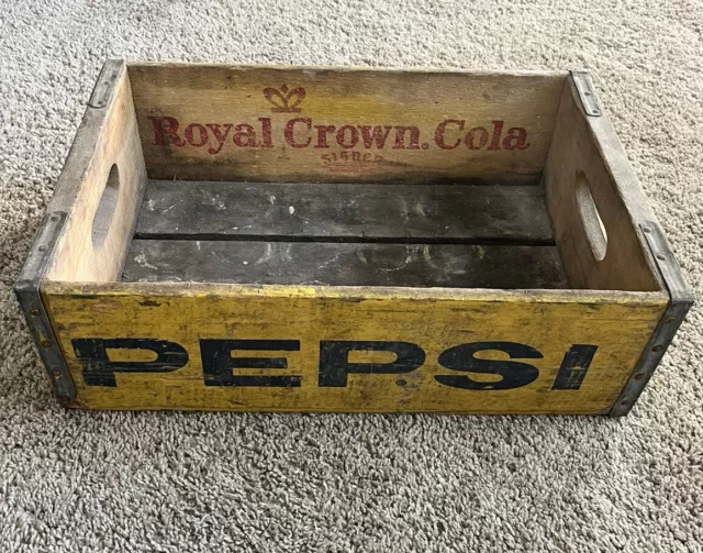 Vintage Pepsi Cola Crate Box Yellow Wood Blue 24 Count Dividers Royal Crown Cola