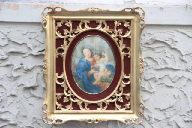 Antico Anni '50 Quadro Dipinto Madonna Dell'uva Con Bambino Cornice Dorata Legno