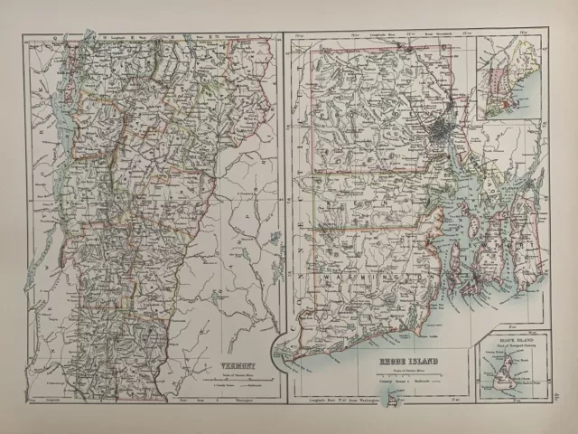 1897 Vermont & Rhode Island Original Antique Map A & C Black 123 Years Old