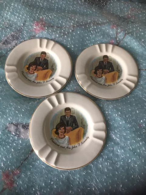 3 X ashtrays unbranded Vintage 1960s President and Mrs John F Kennedy No Damage