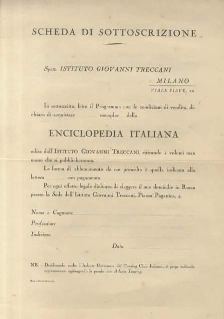 Scheda di sottoscrizione per l'abbonamento all'Enciclopedia Italiana edita da...