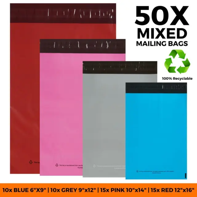50 Mixed Mailing Plastic Bags Poly Postage Parcel Bag Grey Pink Blue in 4 Sizes