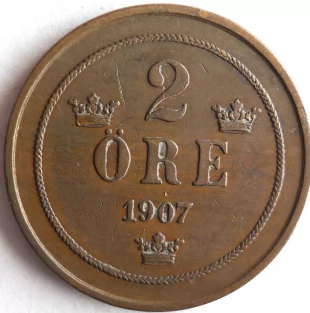 1907 SWEDEN 2 ORE - Excellent Vintage Coin Sweden BIN #3