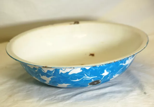 Primitive Blue Swirl Splatterware Graniteware Bowl Basin Rustic Farmhouse a