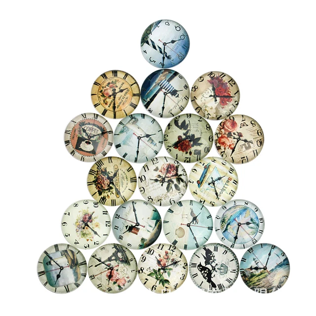 20pcs 12mm Retro Clock Design Glass Cabochons Domed Cameo for Jewelry Making