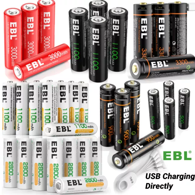 EBL 1.5V USB Rechargeable AA Lithium Battery 3300mwh Li-ion Batteries  +Cable Lot