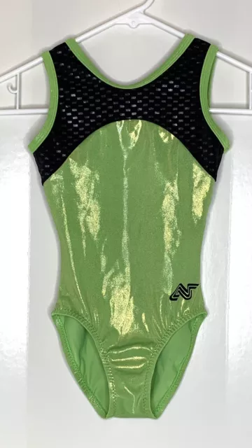 Alpha Factor Child Medium M CM Gymnastics Leotard Green Foil Black accents