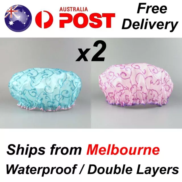 2 x Shower Caps Bath Hat Hair Care Waterproof Double Layer Reusable Sleep Women