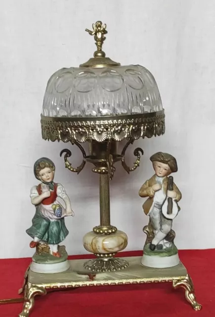 Lampada In Porcellana di Capodimonte, vetro cesellato, Onice e OTTONE Anni 40/50