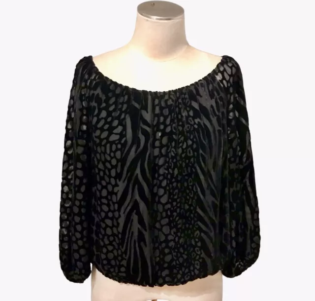 Alice + Olivia Black Velvet Burnout Top Animal Print Silk Blend Women’s Sz S