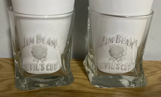 2x Devils Cut Jim Beam Drinking Glasses 8.5cms Tall Man Cave Bar VGC FREE POST