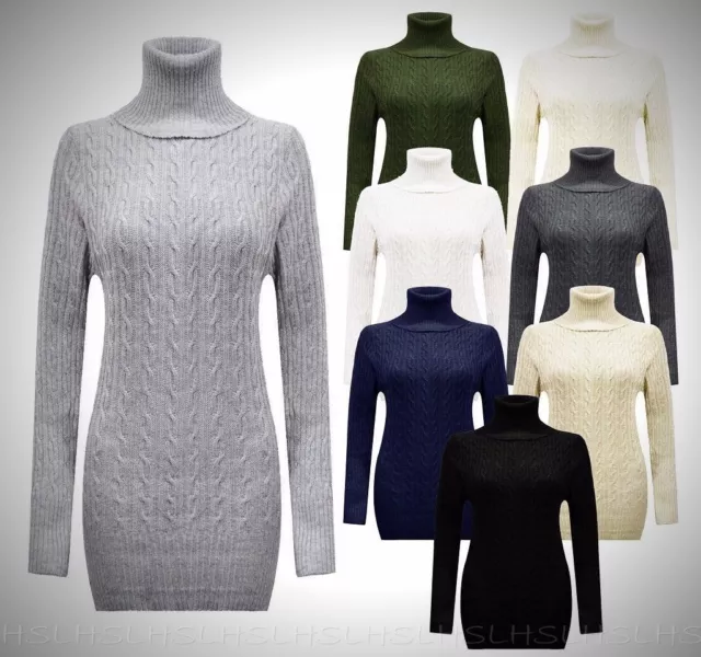 Neuf Femmes Gros Col Polo Câble Tricoté Pull Tunique Moulante Mini Robe
