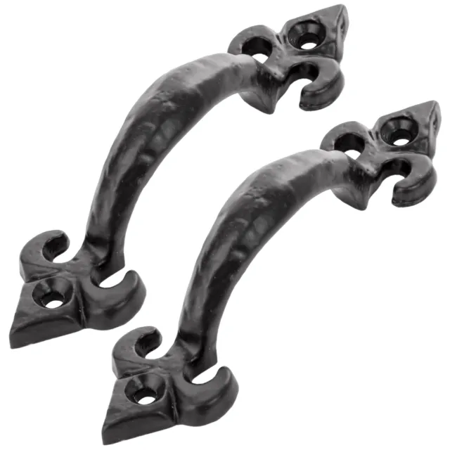 2x FLEUR-DE-LYS DRAWER HANDLE Black Finish Traditional Strong Cast Iron External
