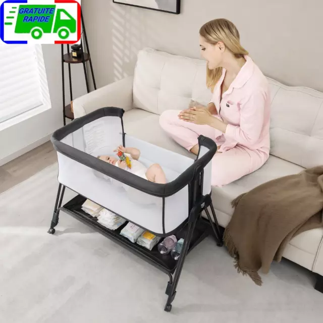 Lit de Chevet pour Bébé Berceau Lit Pliant Portable Berceau Réglable avec Rangem 2