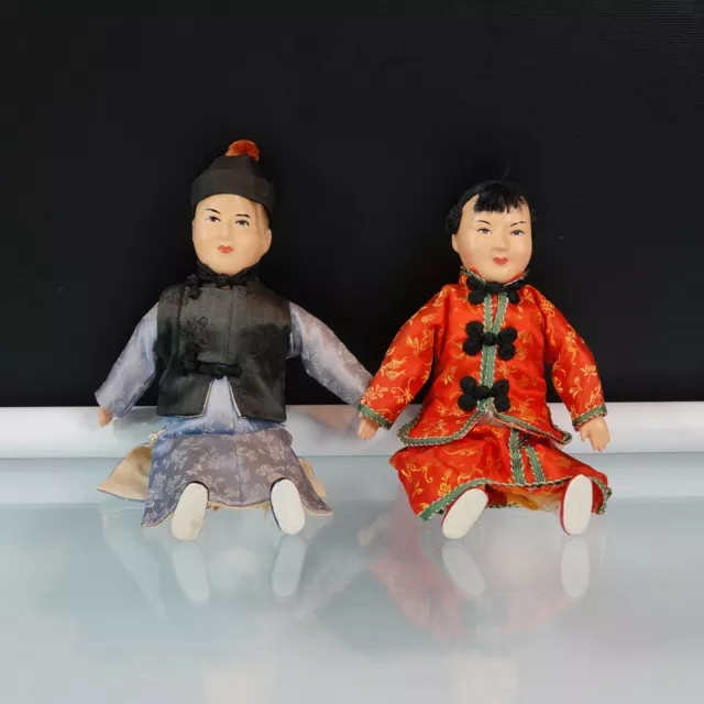 Composition Dolls Vintage Asian Chinese Couple Original Clothes FLAWS Sold As Is