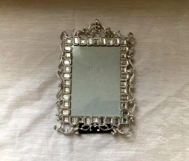 Vintage Silver Plated Ornate Crystals Jeweled 4"x6" Picture Photo Frame - Nice!