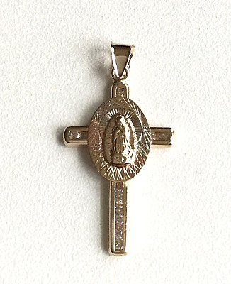 14K Solid Gold Guadalupe / Virgin Mary Cross Pendant, 14K Real Gold Cross