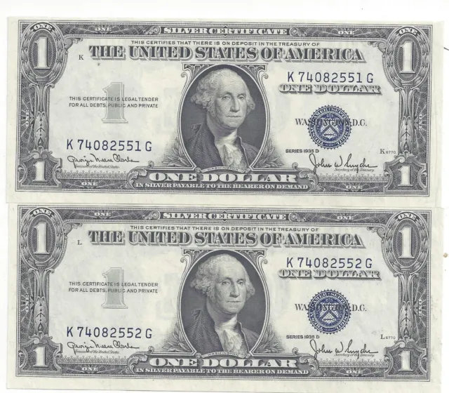 Two Consecutive 1935 D $1 Silver Certificates - Crisp Uncirculated