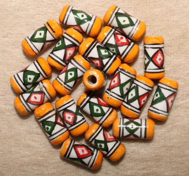 20 Handbemalte Keramik Perlen Peru 16 mm orange Nr.1 Zylinder Schmuck Basteln