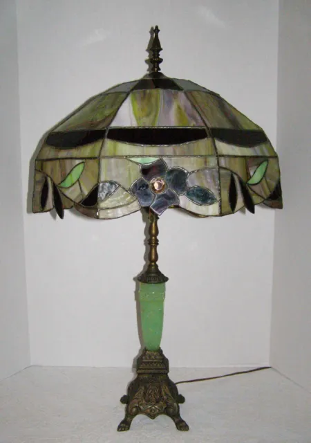 Ant./Vint. Tiffany Style Stained Glass “Dogwood Blossoms” Shade+Jadite Pedestal+