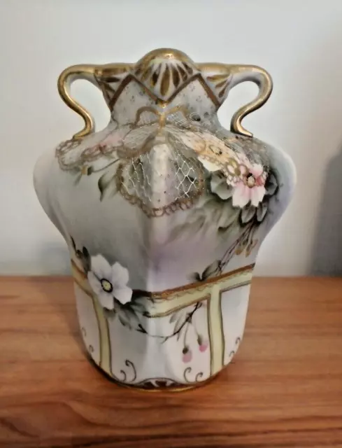 Antique Imperial Nippon Hand Painted Floral w/Moriage Pinch Square Handled Vase