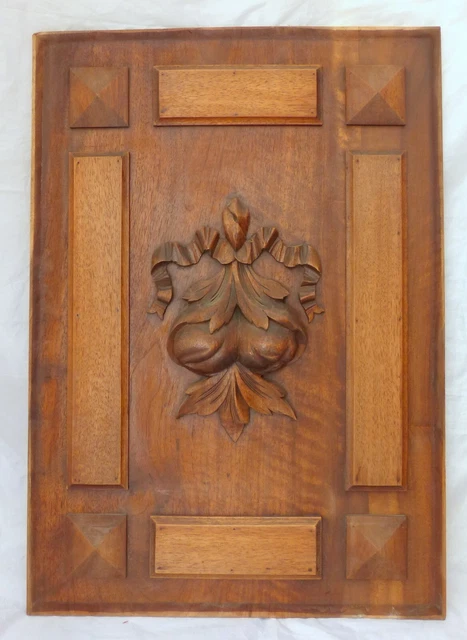23" Antique French Carved Wood Panel Gothic PAIR Fruits Salvage + Ribbons Bow 5