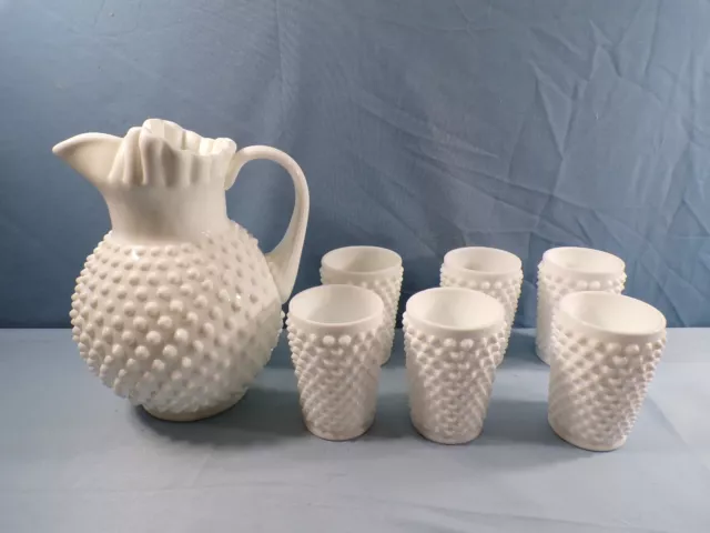 Fenton Milk Glass Hobnail Water Set - 70 Oz Ball Pitcher & Six 9 Oz Tumblers