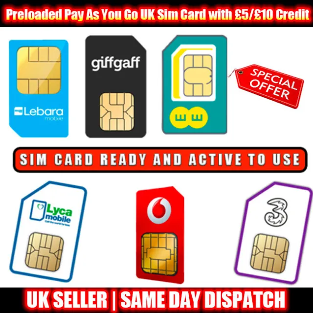 Preloaded Pay As You Go UK Sim Card with £5 £10 Credit For EE O2 Vodafone Lyca