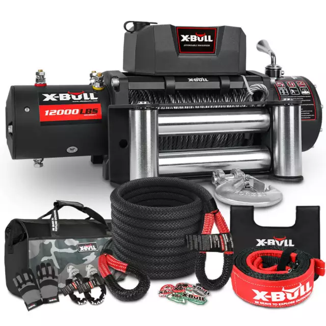 X-BULL 4WD Recovery Kit Kinetic Recovery Rope With 12000LBS Electric Winch 12V W