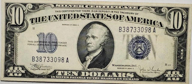 1934 C Ten Dollars Silver Certificate B38733098A Blue Seal $10